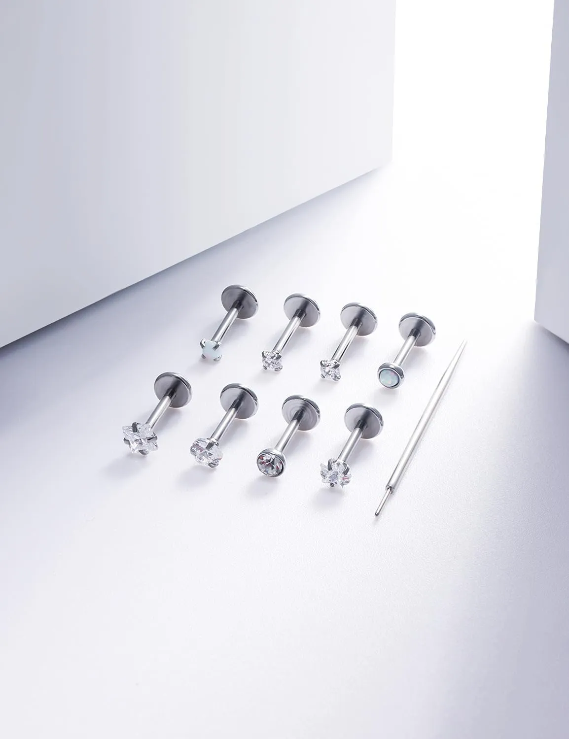 20G 18G 16G Threadless Push in Nose Rings Studs Flat Back Studs Earrings Surgical Stainless Steel Opal Nose Rings Stud Tragus Helix Conch Cartilage Earrings Piercing Jewelry For Women Men