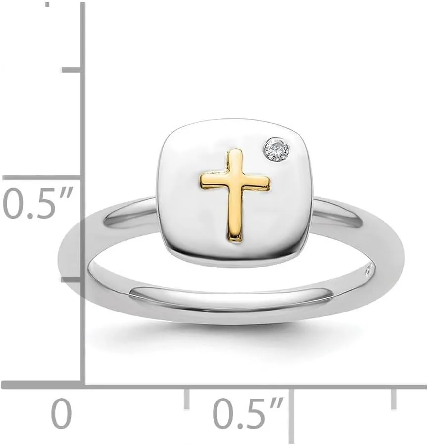 2.25mm 925 Sterling Silver Polished Stackable and 14k Religious Faith Cross Diamond Ring - Jewelry Gift for Mom