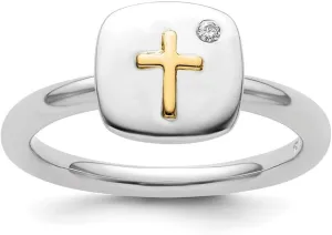 2.25mm 925 Sterling Silver Polished Stackable and 14k Religious Faith Cross Diamond Ring - Jewelry Gift for Mom