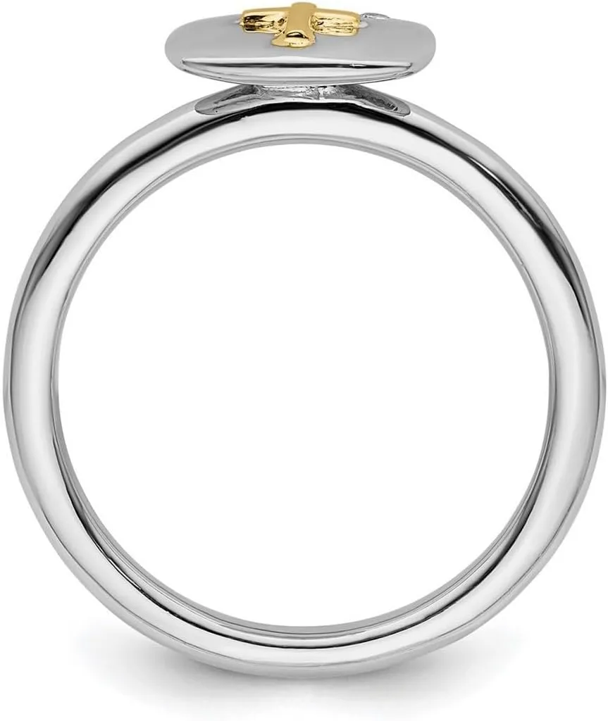 2.25mm 925 Sterling Silver Polished Stackable and 14k Religious Faith Cross Diamond Ring - Jewelry Gift for Mom
