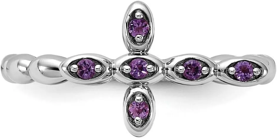 2.5mm 925 Sterling Silver Stackable Rhodium Plated Amethyst Religious Faith Cross Ring - Jewelry Gift for Mom
