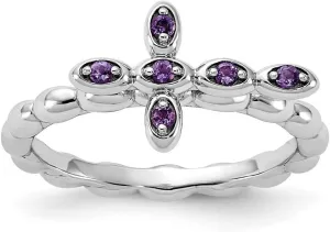 2.5mm 925 Sterling Silver Stackable Rhodium Plated Amethyst Religious Faith Cross Ring - Jewelry Gift for Mom