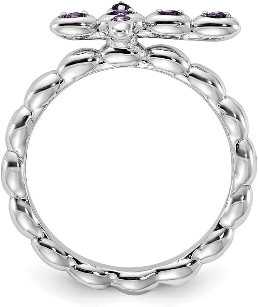 2.5mm 925 Sterling Silver Stackable Rhodium Plated Amethyst Religious Faith Cross Ring - Jewelry Gift for Mom