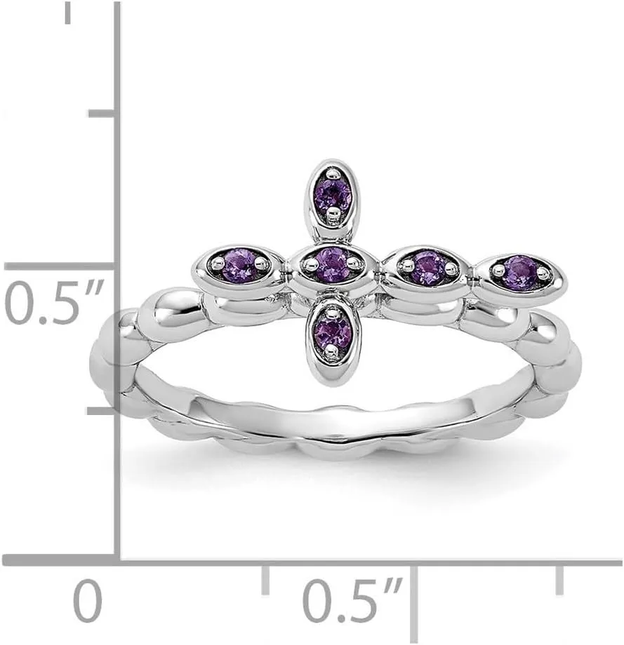 2.5mm 925 Sterling Silver Stackable Rhodium Plated Amethyst Religious Faith Cross Ring - Jewelry Gift for Mom