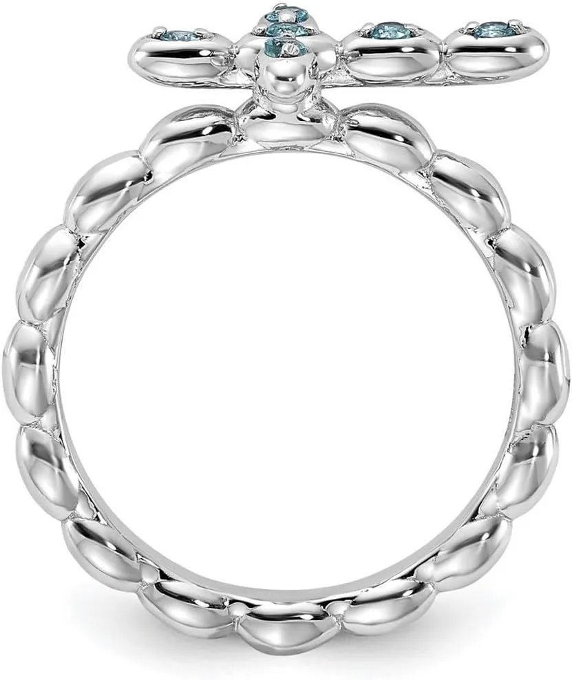 2.5mm 925 Sterling Silver Stackable Rhodium Plated Blue Topaz Religious Faith Cross Ring - Jewelry Gift for Mom