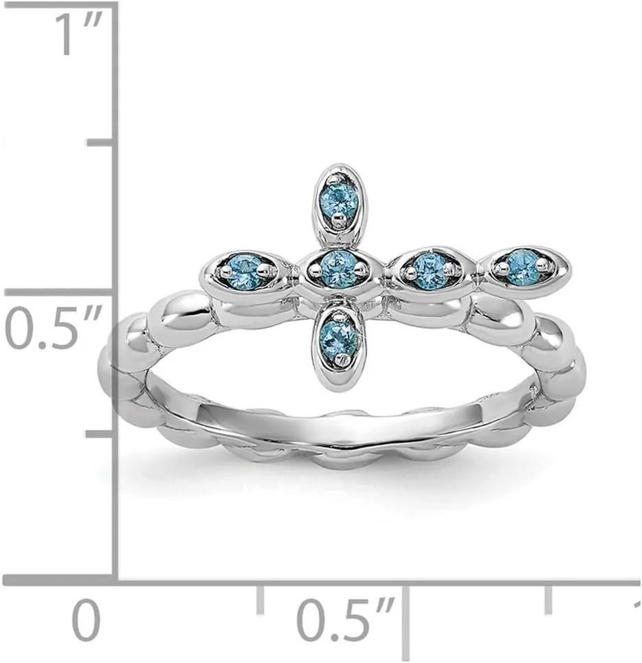 2.5mm 925 Sterling Silver Stackable Rhodium Plated Blue Topaz Religious Faith Cross Ring - Jewelry Gift for Mom
