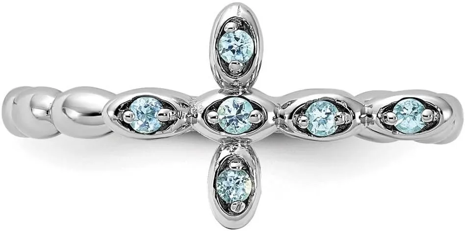 2.5mm 925 Sterling Silver Stackable Rhodium Plated Blue Topaz Religious Faith Cross Ring - Jewelry Gift for Mom