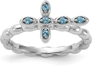 2.5mm 925 Sterling Silver Stackable Rhodium Plated Blue Topaz Religious Faith Cross Ring - Jewelry Gift for Mom