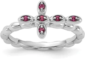 2.5mm 925 Sterling Silver Stackable Rhodium Plated Rhodolite Religious Faith Cross Ring - Jewelry Gift for Mom