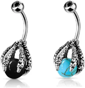 (2pcs) Antique Dragon Claw Holding Ball with Black Crystal Set Top Belly Button Navel Rings