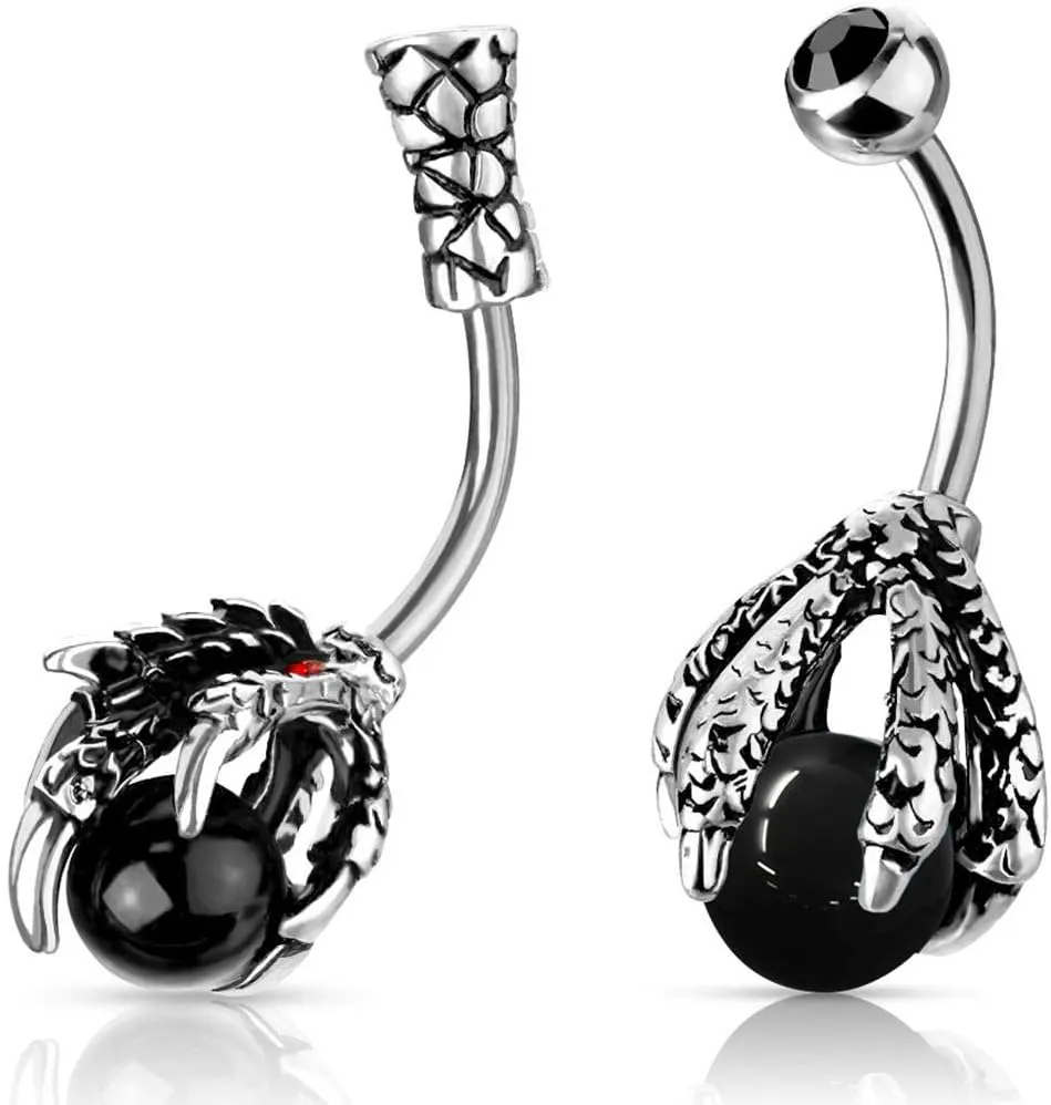 (2pcs) Two Different Antique Dragon Claw Holding Black Ball Belly Button Navel Rings 14G, 3/8" Length Barbell