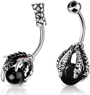 (2pcs) Two Different Antique Dragon Claw Holding Black Ball Belly Button Navel Rings 14G, 3/8" Length Barbell