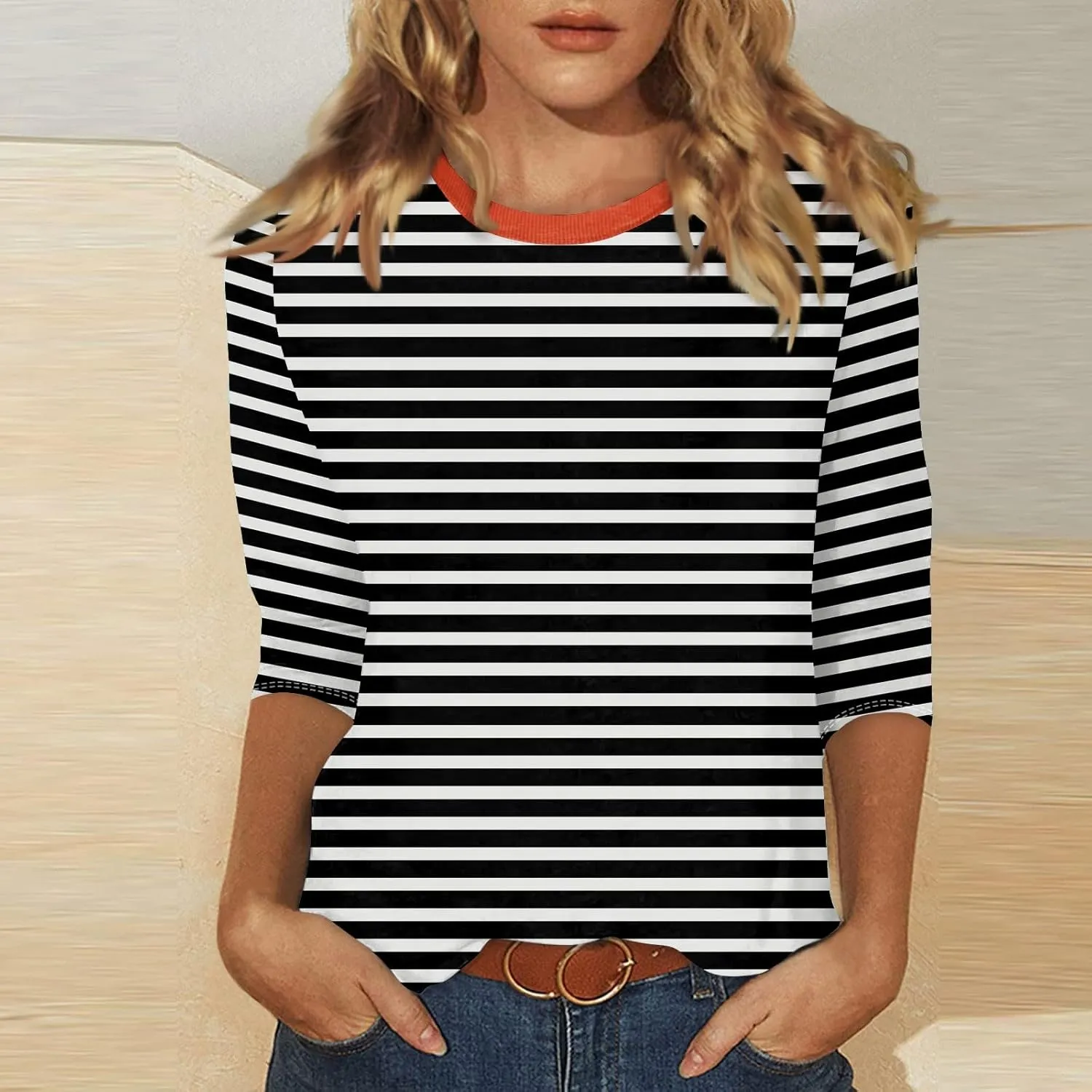 3/4 Length Sleeve Womens Tops Plus Size,Basic Elbow Sleeve Workout Top Striped Shirt Crew Neck 3 Quarter Sleeve Tees