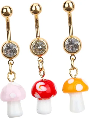 3pcs Colored Mushroom Navel Ring Mushrooms Cute Belly Button Piercing Navel Rings Women Belly Button Ring Mushroom Belly Ring Belly Jewelry Belly Rings Belly Piercings Alloy