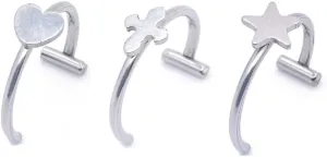 3Pcs Fake Lip Rings for Women 16G T-Shaped Heart Star Cross Non-Piercing Cartilage Nose Rings Stainless Steel Clip Hoops Body Jewelry, One Size, agate