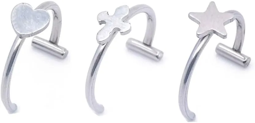 3Pcs Fake Lip Rings for Women 16G T-Shaped Heart Star Cross Non-Piercing Cartilage Nose Rings Stainless Steel Clip Hoops Body Jewelry, One Size, agate