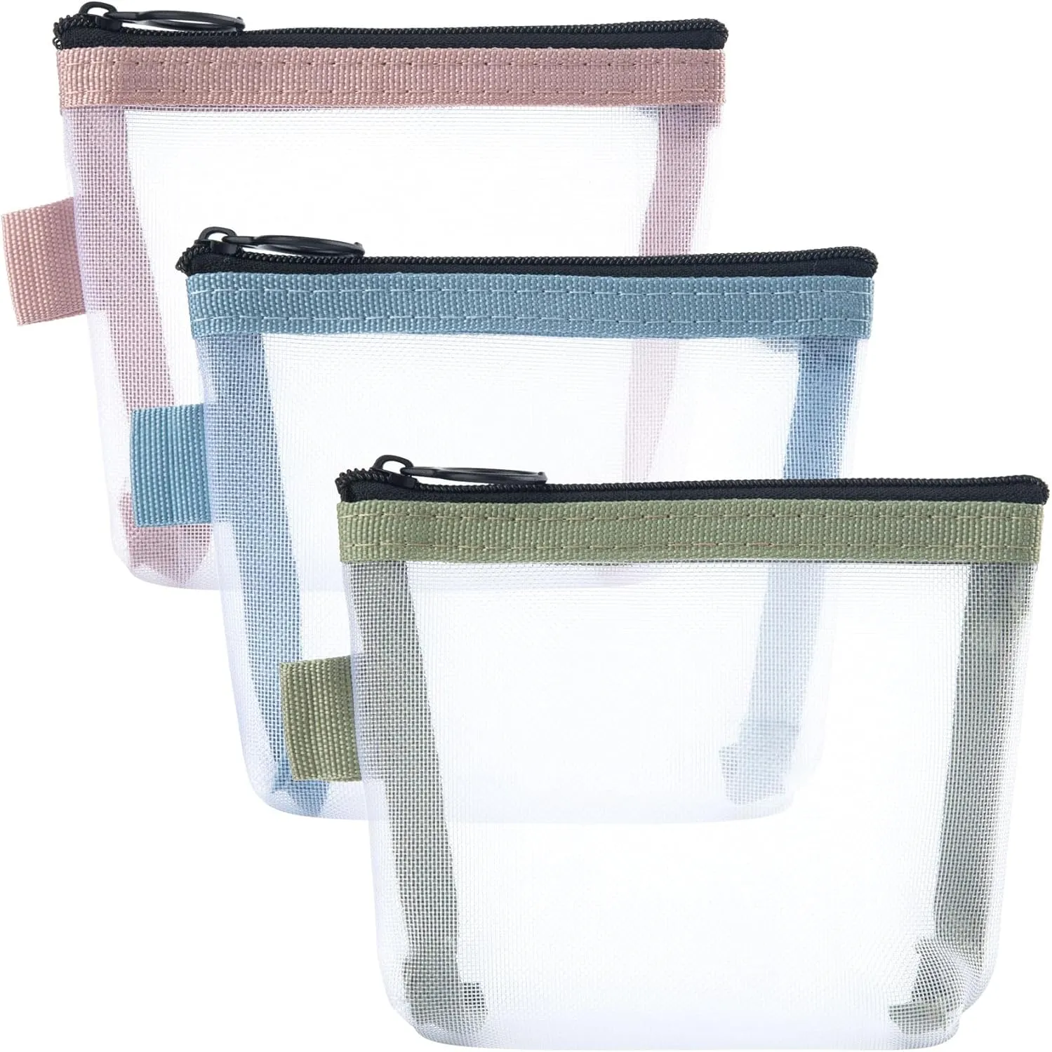 3pcs Mini Mesh Bag with Zipper, Small Clear Nylon Makeup Bags, Portable Travel Cosmetic Pouch Purse for Lipstick Coin Keys Cards- Blue & Pink & Green