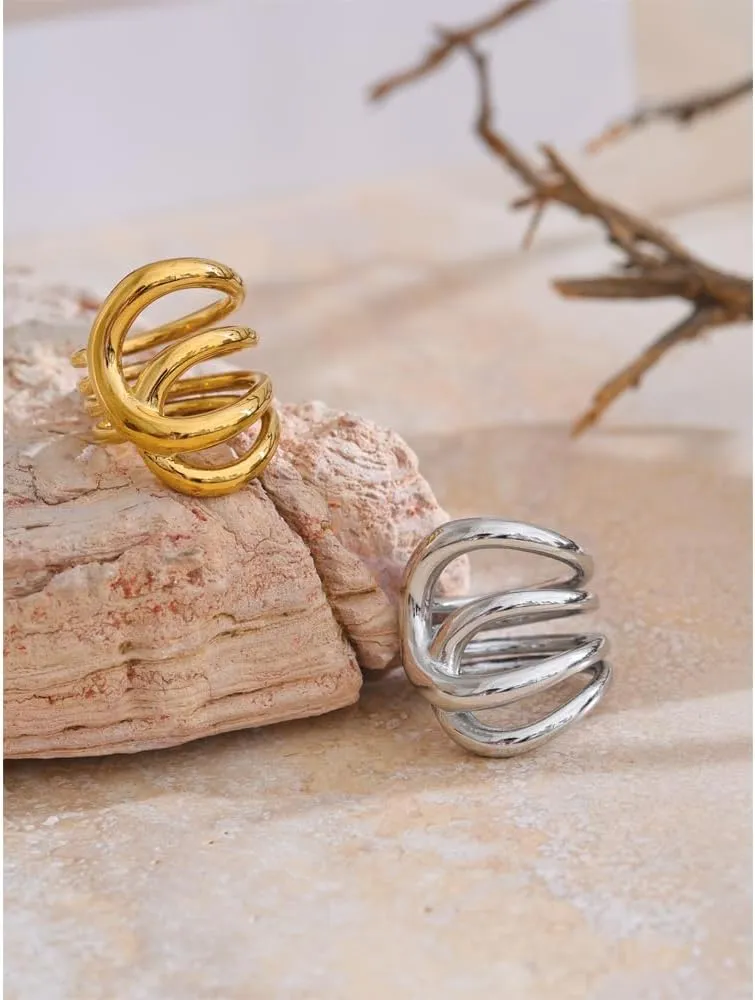 4-in-1 Chunky Interlocked Band Statement Rings for Women, 18K Gold/Silver Plated Crossover Multi-Band Stackable Rings, Non Tarnish Waterproof Fashion Gold Jewelry, Size 6 7 8 9