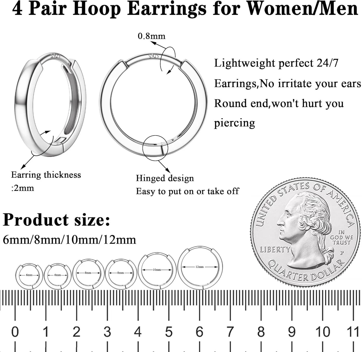 4 Pairs 18K Gold Plated Hoop Earrings Set for Women 925 Sterling Silver Post Small Gold Huggie Chunky Earrings for Multiple Piercing Cartilage Hoop Earrings Stack Jewelry 6mm 8mm 10mm 12mm