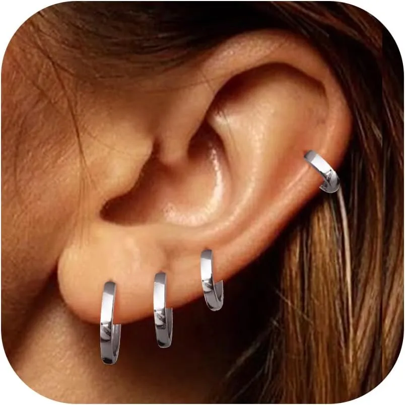 4 Pairs 18K Gold Plated Hoop Earrings Set for Women 925 Sterling Silver Post Small Gold Huggie Chunky Earrings for Multiple Piercing Cartilage Hoop Earrings Stack Jewelry 6mm 8mm 10mm 12mm