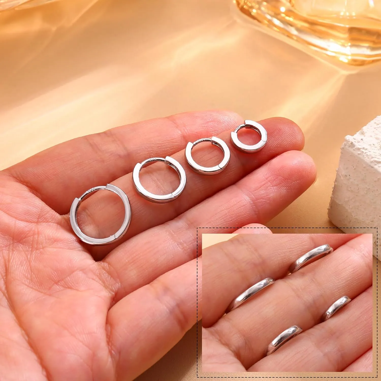 4 Pairs 18K Gold Plated Hoop Earrings Set for Women 925 Sterling Silver Post Small Gold Huggie Chunky Earrings for Multiple Piercing Cartilage Hoop Earrings Stack Jewelry 6mm 8mm 10mm 12mm
