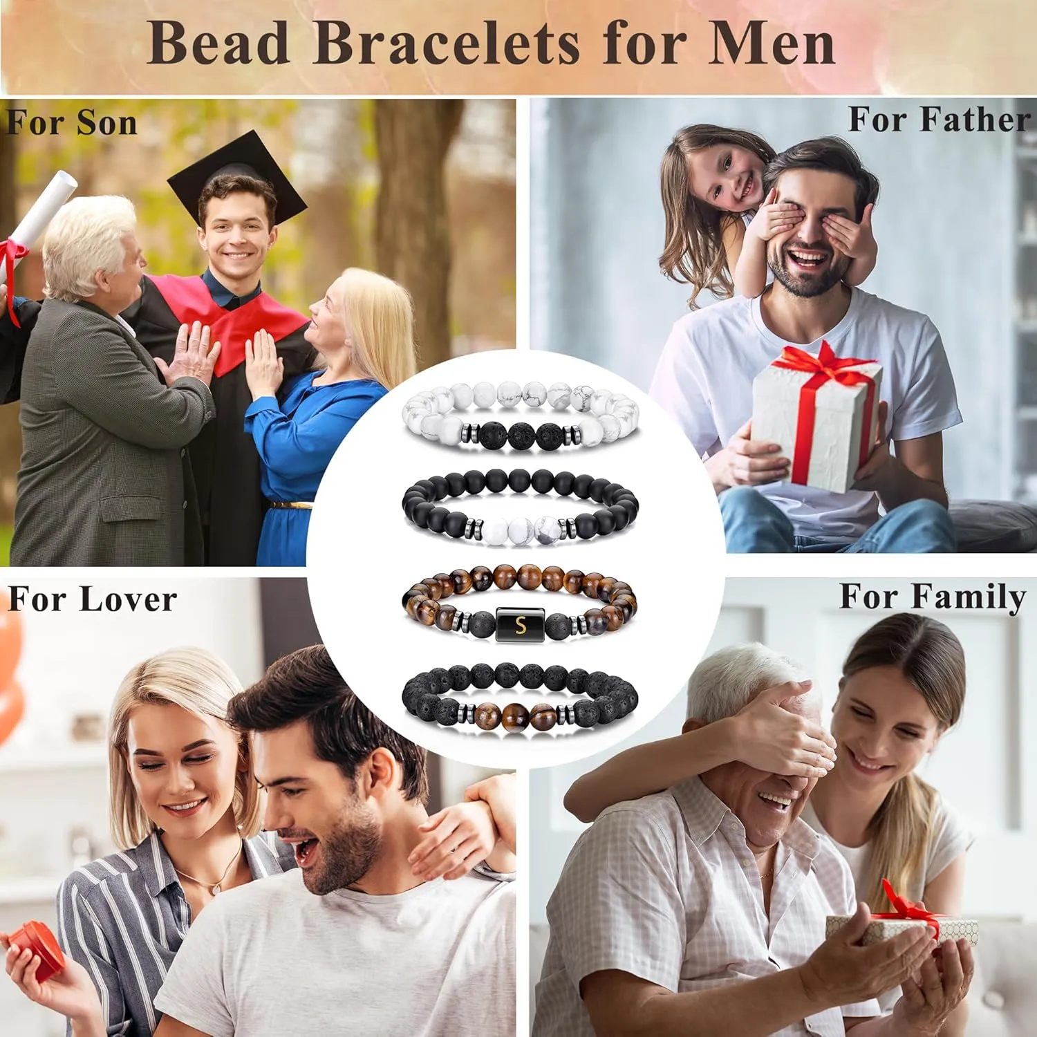 4 PCS Initial Beaded Bracelets for Men Women-8mm Natural Stone Tiger Eye/Lava Rock/Obsidian Stretch Bracelet Jewelry Gifts