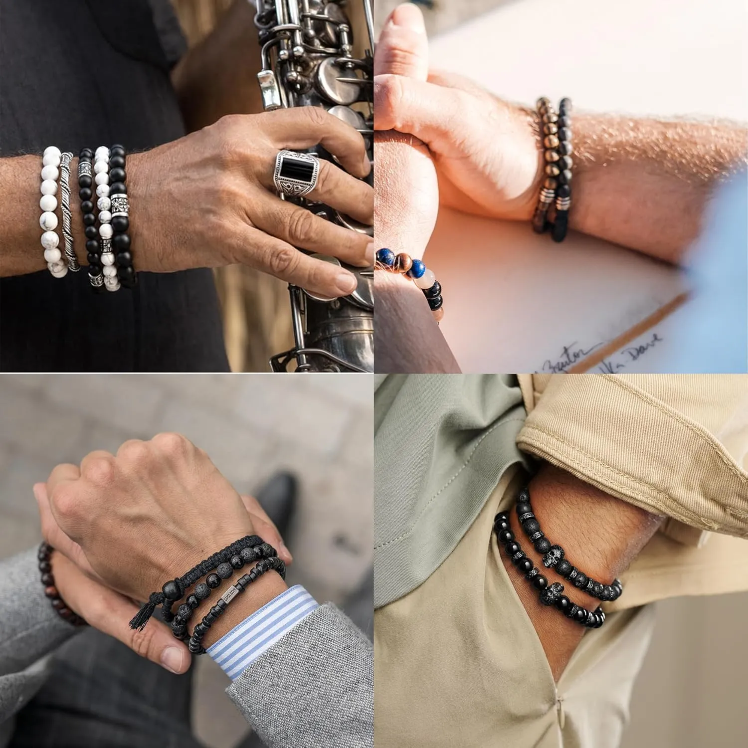 4 PCS Initial Beaded Bracelets for Men Women-8mm Natural Stone Tiger Eye/Lava Rock/Obsidian Stretch Bracelet Jewelry Gifts