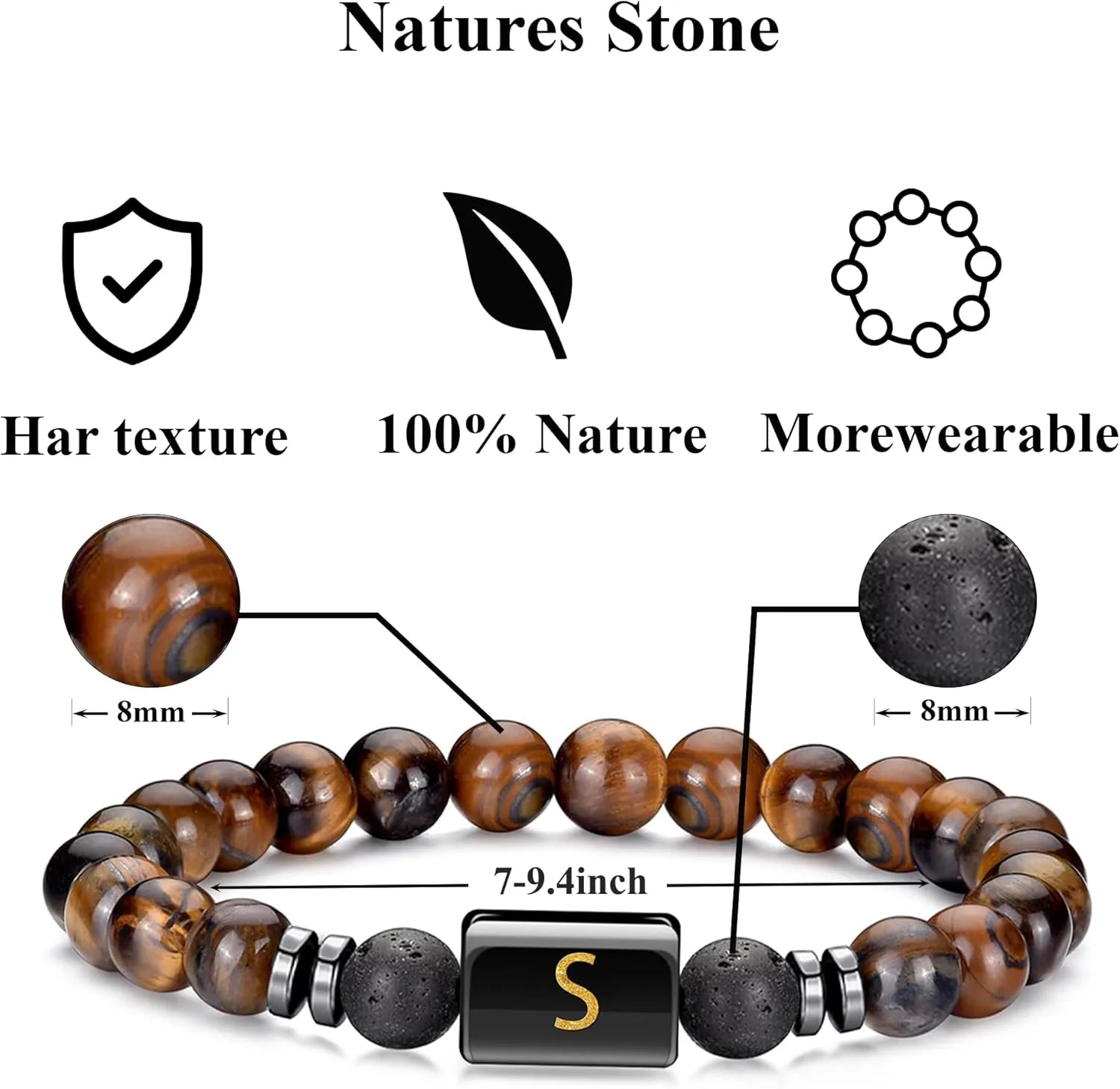4 PCS Initial Beaded Bracelets for Men Women-8mm Natural Stone Tiger Eye/Lava Rock/Obsidian Stretch Bracelet Jewelry Gifts