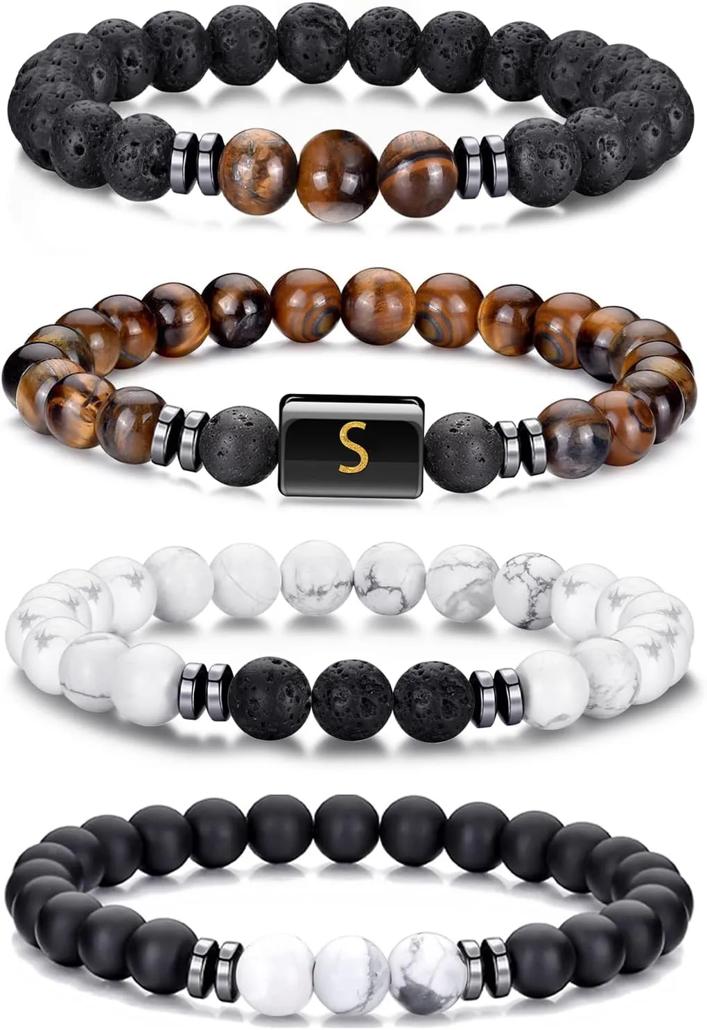 4 PCS Initial Beaded Bracelets for Men Women-8mm Natural Stone Tiger Eye/Lava Rock/Obsidian Stretch Bracelet Jewelry Gifts