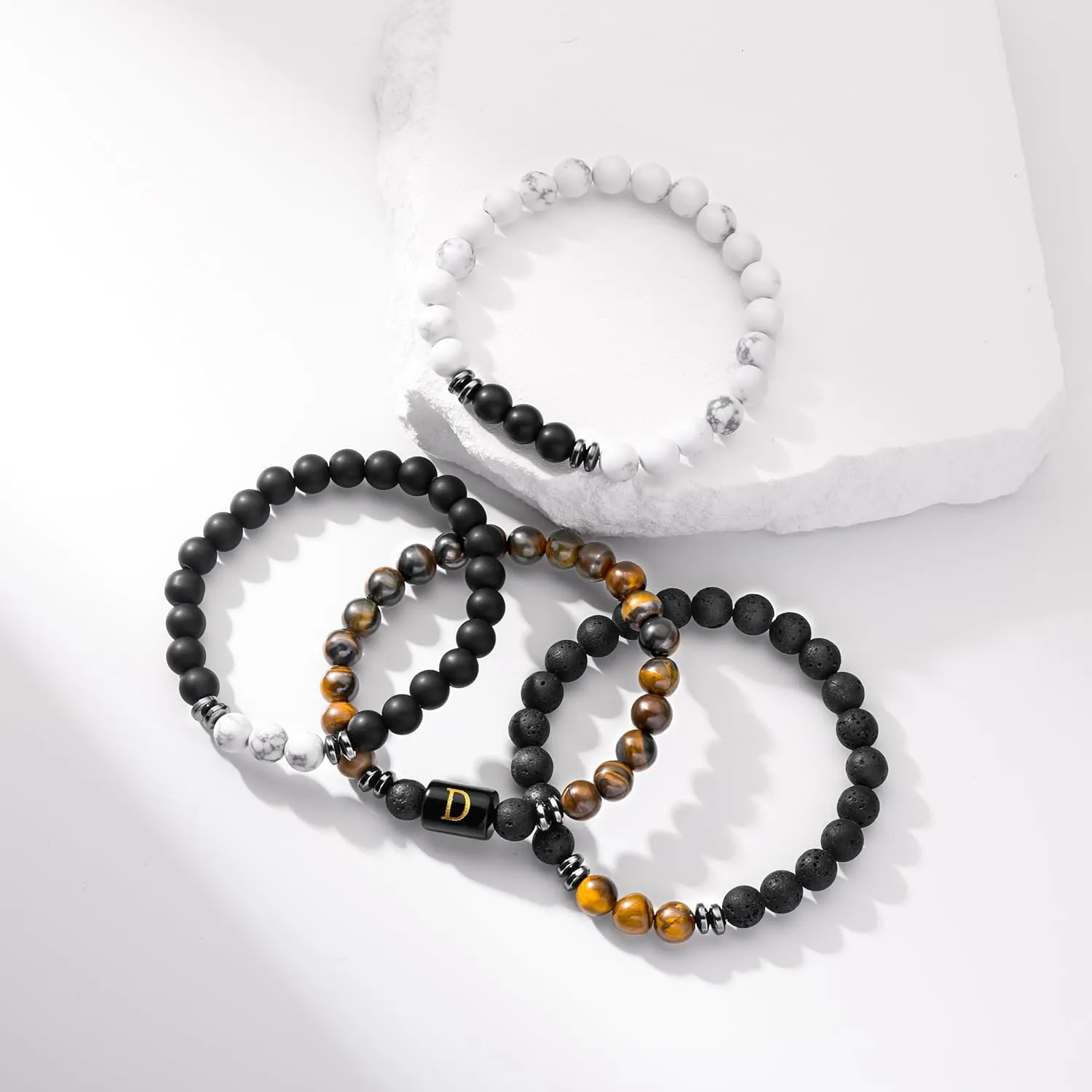 4 PCS Initial Beaded Bracelets for Men Women-8mm Natural Stone Tiger Eye/Lava Rock/Obsidian Stretch Bracelet Jewelry Gifts