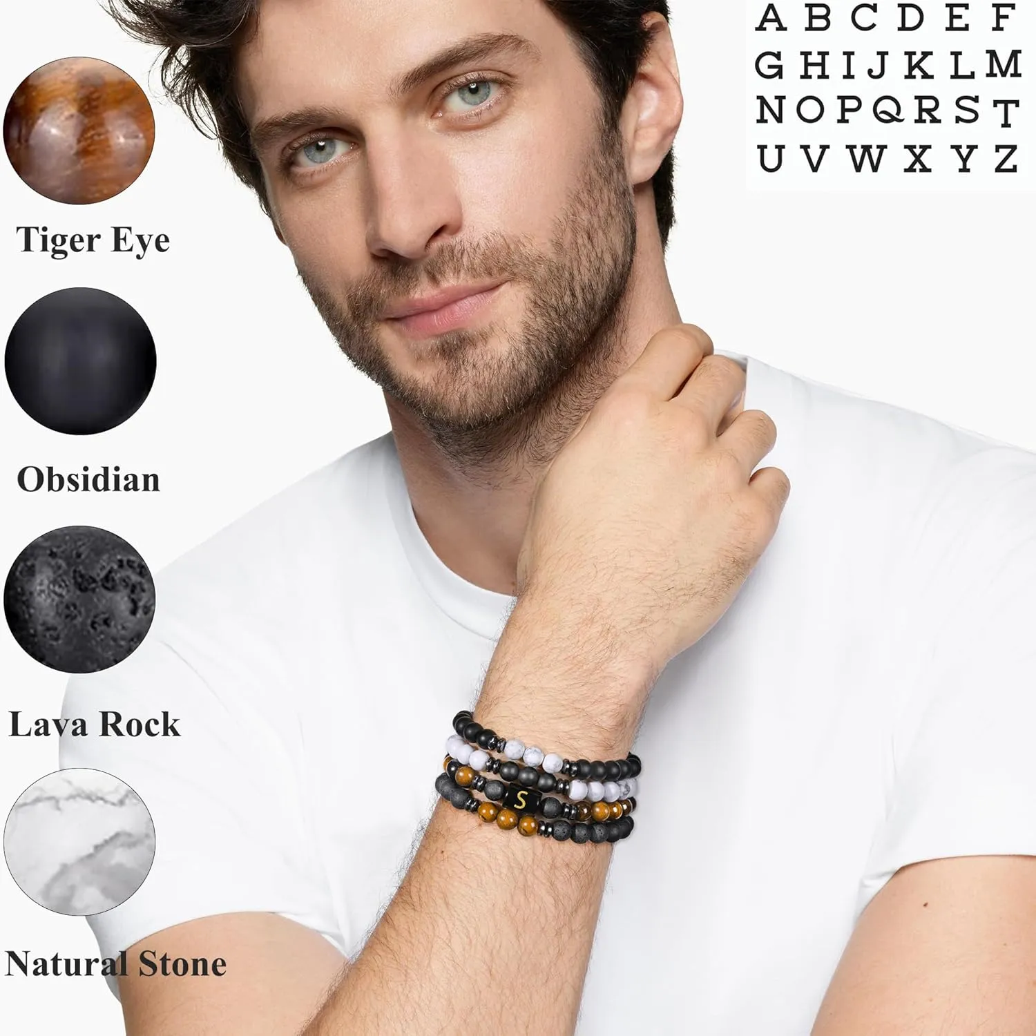 4 PCS Initial Beaded Bracelets for Men Women-8mm Natural Stone Tiger Eye/Lava Rock/Obsidian Stretch Bracelet Jewelry Gifts