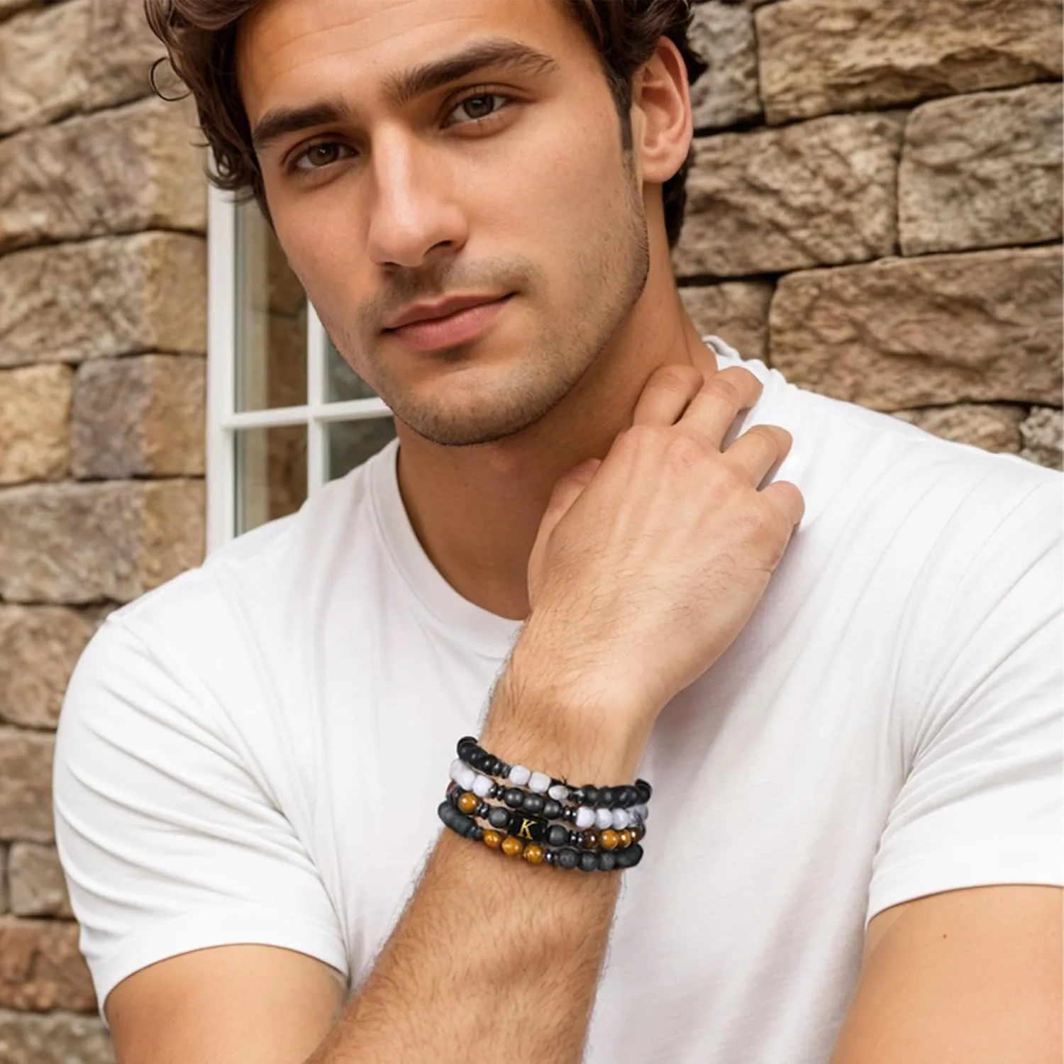 4 PCS Initial Beaded Bracelets for Men Women-8mm Natural Stone Tiger Eye/Lava Rock/Obsidian Stretch Bracelet Jewelry Gifts