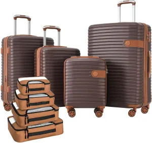 4 Piece Expandable Luggage Set for Men Women, Brown ABS Hard Shell Lightweight Suitcase Set Travel Luggage with 4 Packing Cubes, TSA Lock, Spinner Wheels(Brown, 16/20/24/28)