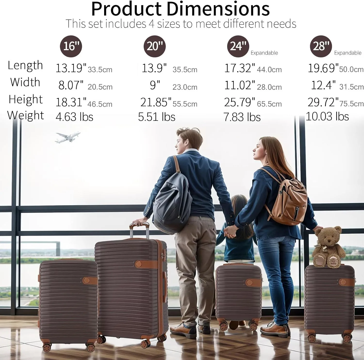 4 Piece Expandable Luggage Set for Men Women, Brown ABS Hard Shell Lightweight Suitcase Set Travel Luggage with 4 Packing Cubes, TSA Lock, Spinner Wheels(Brown, 16/20/24/28)