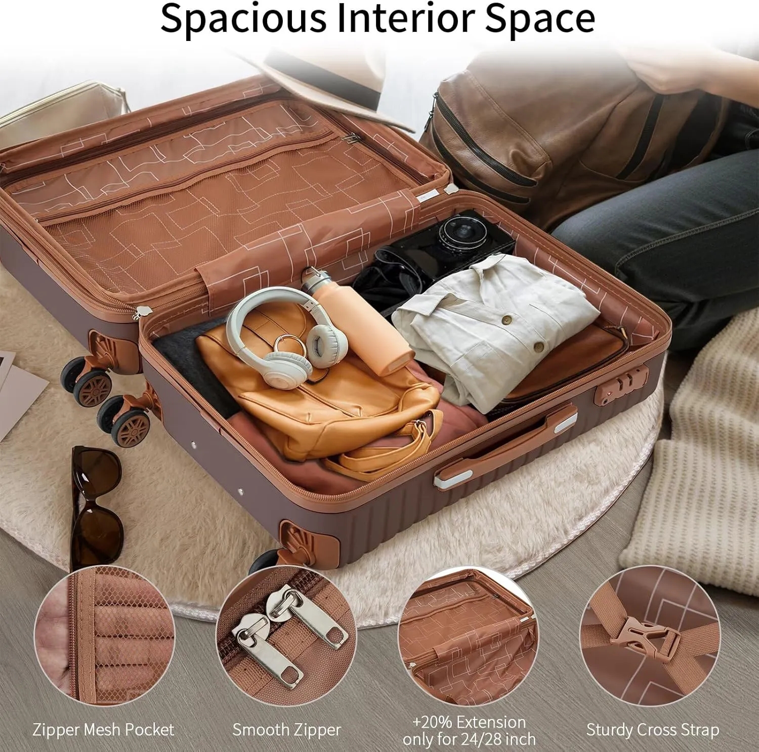 4 Piece Expandable Luggage Set for Men Women, Brown ABS Hard Shell Lightweight Suitcase Set Travel Luggage with 4 Packing Cubes, TSA Lock, Spinner Wheels(Brown, 16/20/24/28)