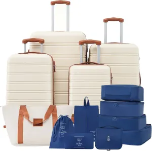 4-Piece Luggage Set Airline Approved with Bag Spinner Suitcase, White Brown Hardshell Suitcases with Spinner Wheels, TSA Lock, Durable Waterproof Travel Luggage (White Brown, 16" 20" 24" 28")