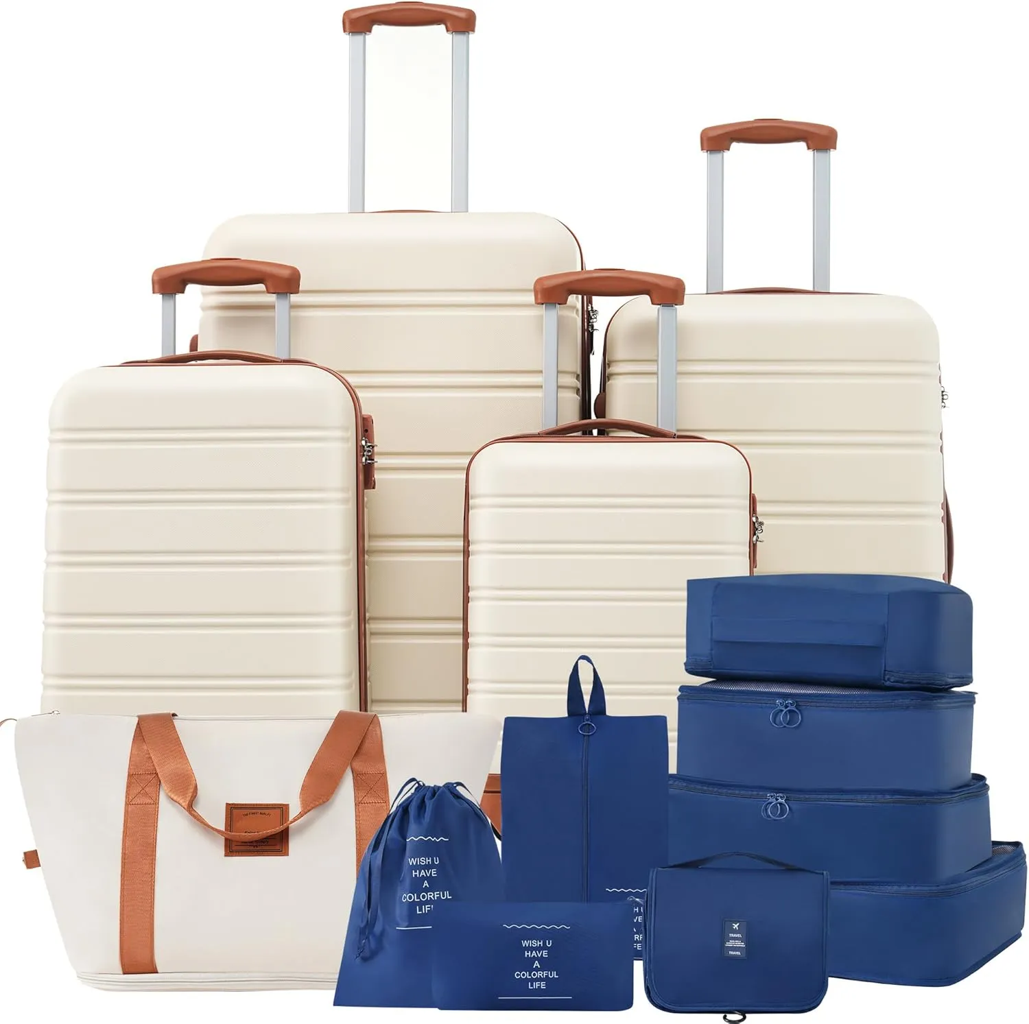 4-Piece Luggage Set Airline Approved with Bag Spinner Suitcase, White Brown Hardshell Suitcases with Spinner Wheels, TSA Lock, Durable Waterproof Travel Luggage (White Brown, 16" 20" 24" 28")