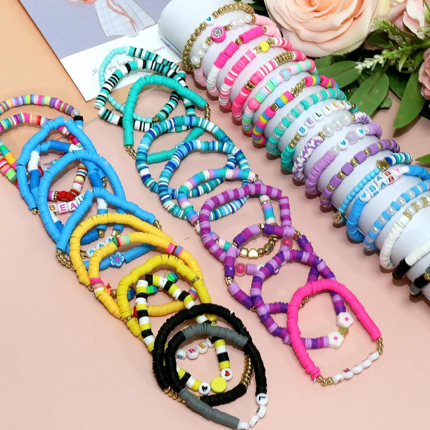 40Pcs Stackable Friendship Bracelets Set, Boho Stretch Bracelets for Women, Elastic Layering Bracelet Bulk for Jewelry Gift Party Favors Supplies