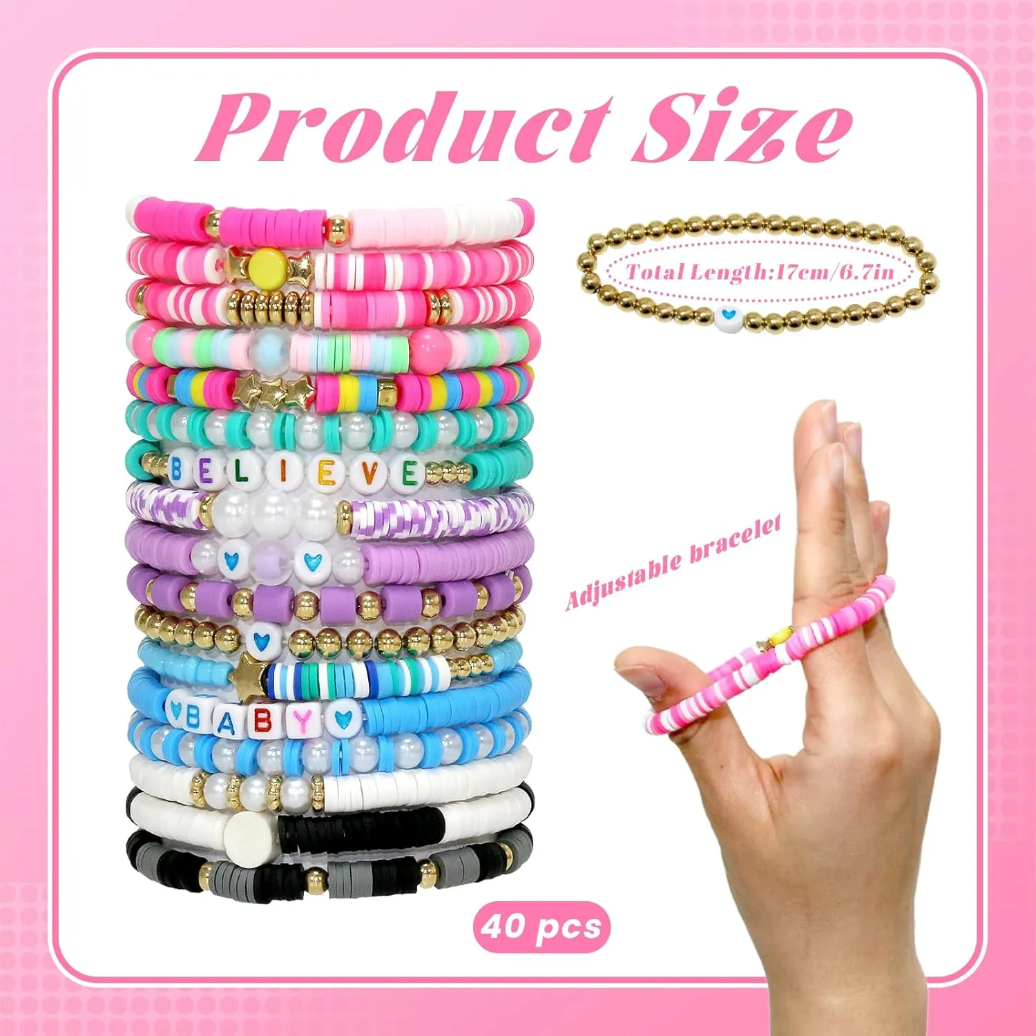 40Pcs Stackable Friendship Bracelets Set, Boho Stretch Bracelets for Women, Elastic Layering Bracelet Bulk for Jewelry Gift Party Favors Supplies