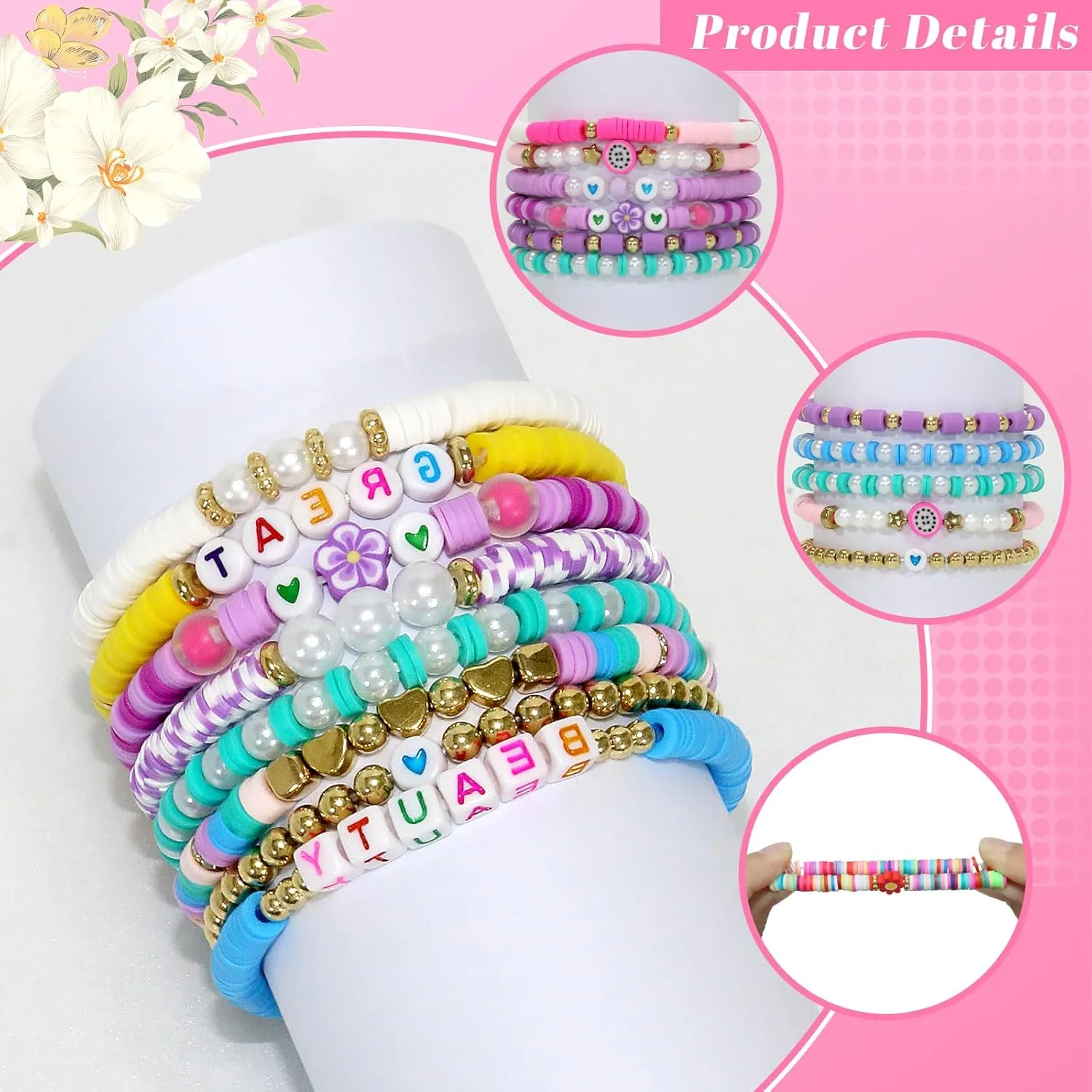 40Pcs Stackable Friendship Bracelets Set, Boho Stretch Bracelets for Women, Elastic Layering Bracelet Bulk for Jewelry Gift Party Favors Supplies