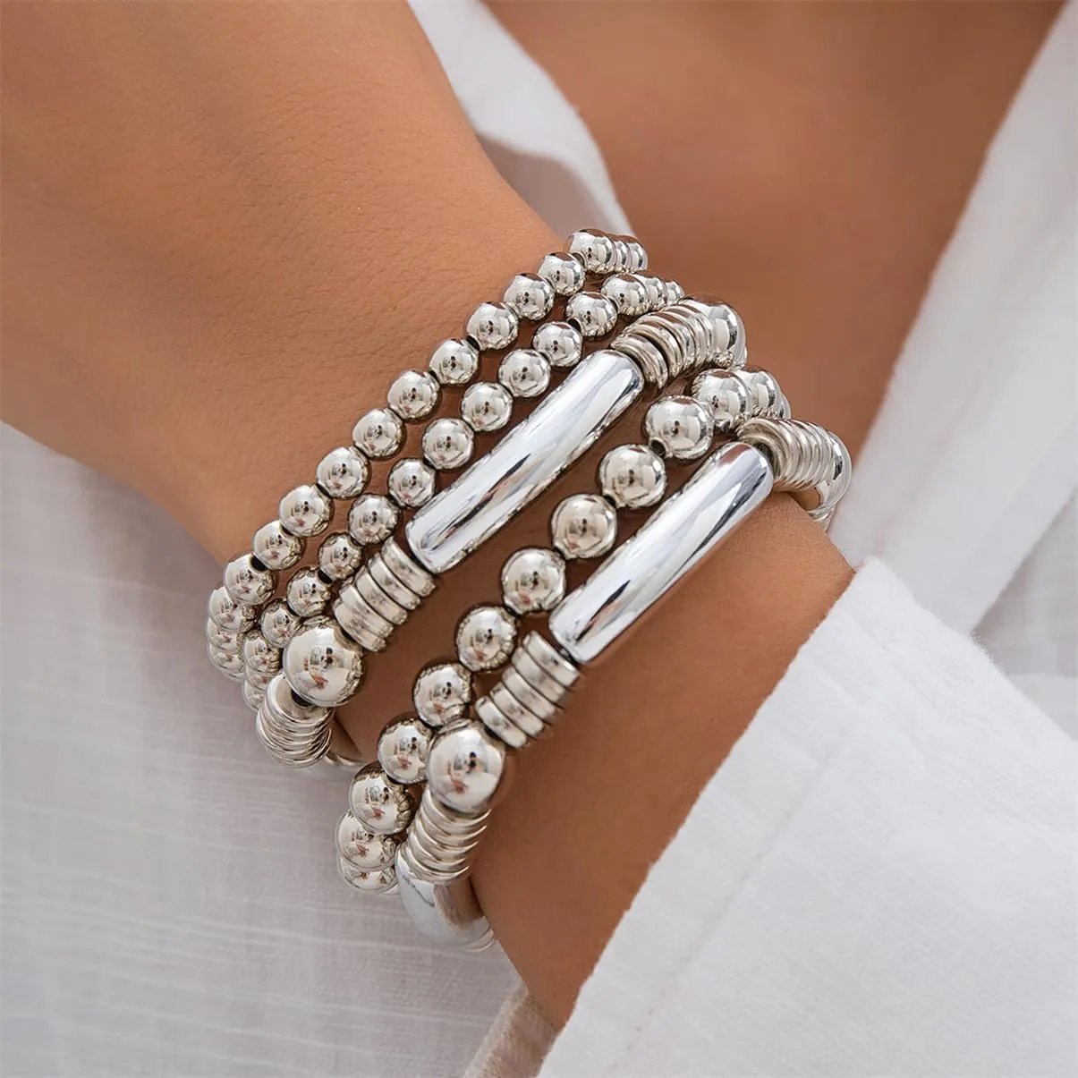 5Pcs Gold Bead Bracelets Set for Women,14K Gold Plated Stackable Bead Ball Bracelets Set,Adjustable Chunky Bangles Bracelets,Boho Stretch Bead Ball Bracelet for Women