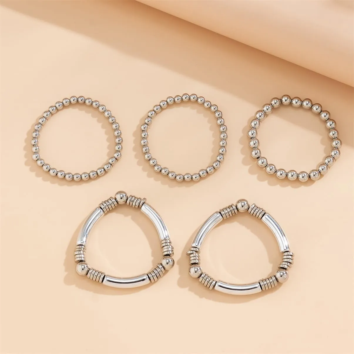 5Pcs Gold Bead Bracelets Set for Women,14K Gold Plated Stackable Bead Ball Bracelets Set,Adjustable Chunky Bangles Bracelets,Boho Stretch Bead Ball Bracelet for Women