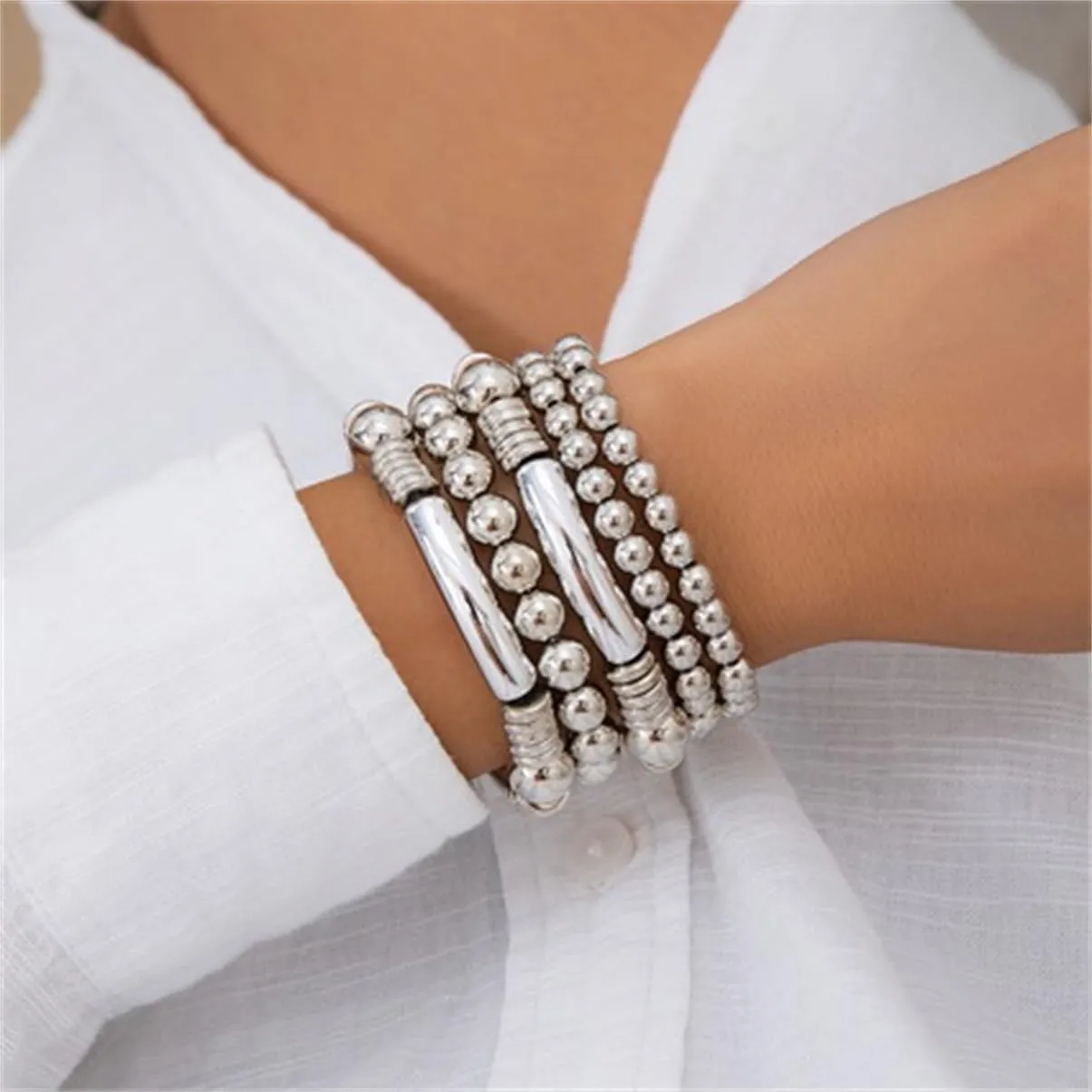 5Pcs Gold Bead Bracelets Set for Women,14K Gold Plated Stackable Bead Ball Bracelets Set,Adjustable Chunky Bangles Bracelets,Boho Stretch Bead Ball Bracelet for Women