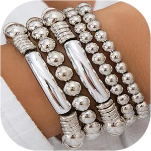 5Pcs Gold Bead Bracelets Set for Women,14K Gold Plated Stackable Bead Ball Bracelets Set,Adjustable Chunky Bangles Bracelets,Boho Stretch Bead Ball Bracelet for Women