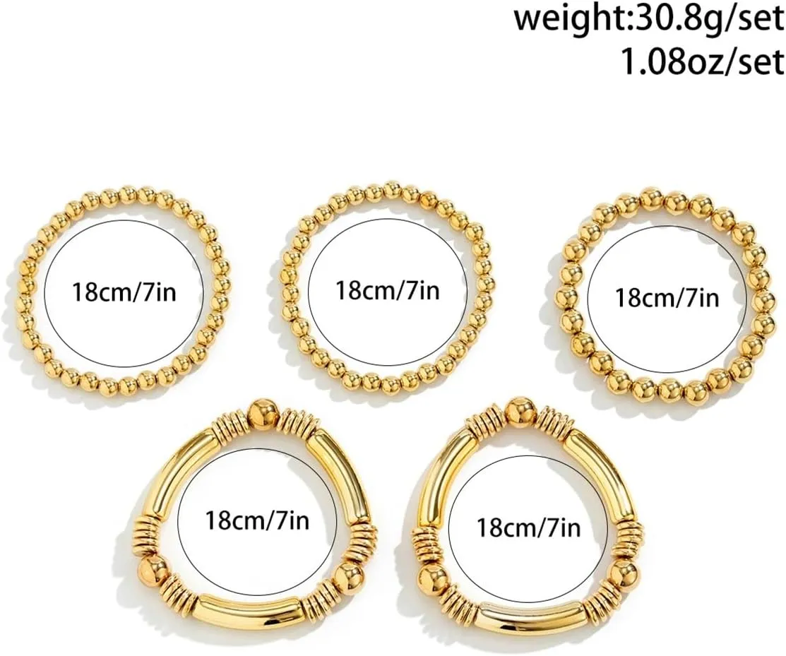 5Pcs Gold Bead Bracelets Set for Women,14K Gold Plated Stackable Bead Ball Bracelets Set,Adjustable Chunky Bangles Bracelets,Boho Stretch Bead Ball Bracelet for Women