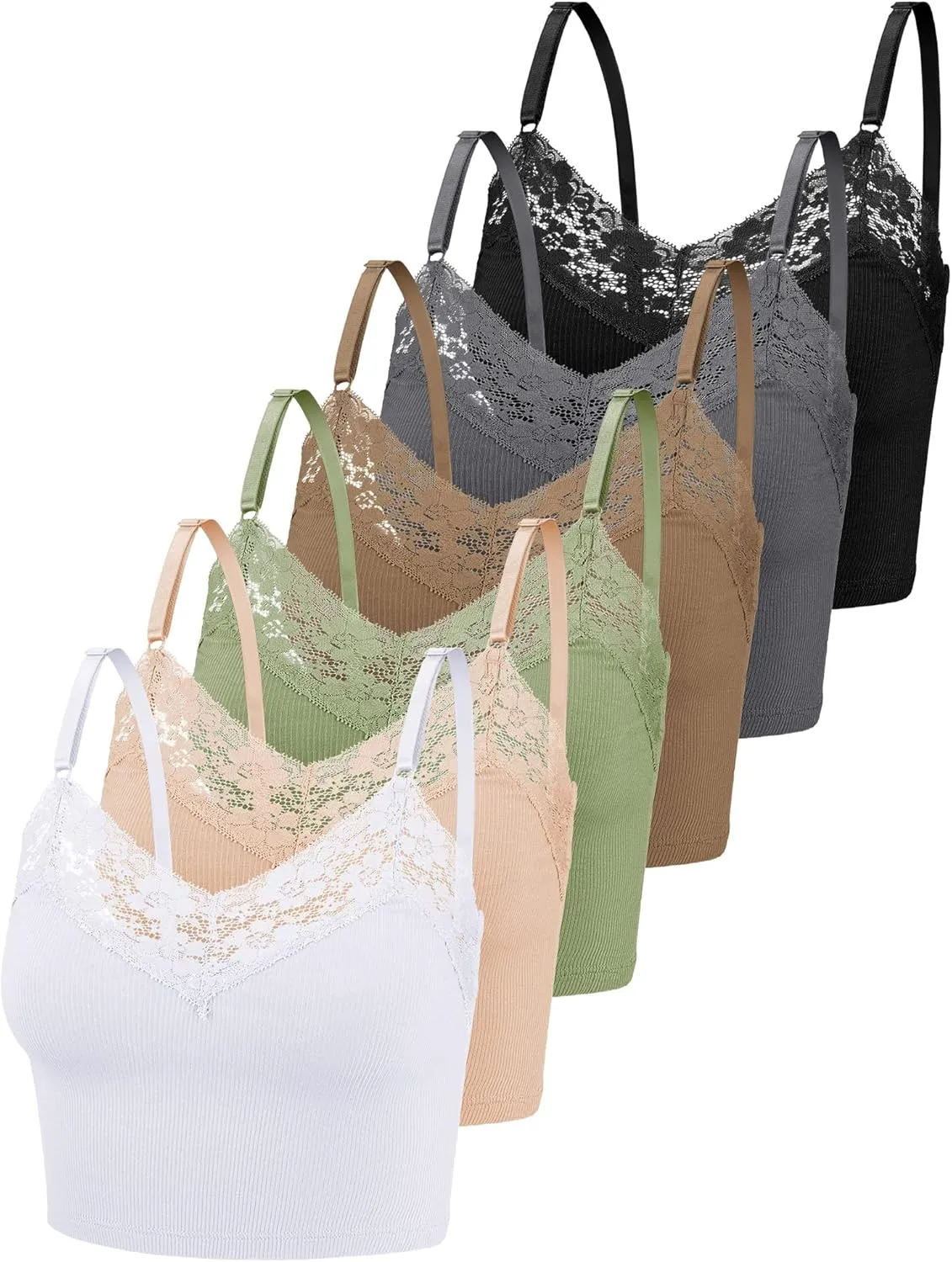 6 Pack Camisole for Women, Ribbed Cami Crop Top With Lace Trim, Women's Spaghetti Strap Tank Tops for Layering