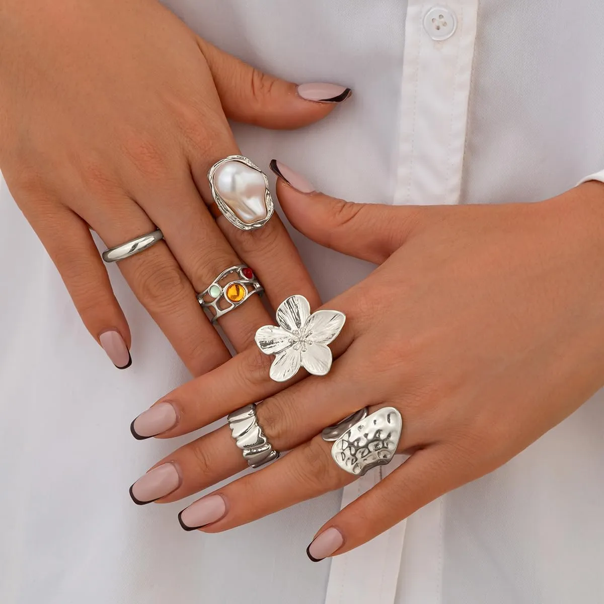 6PCS Chunky Gold Rings for Women Stackable Silver Rings Set Pearl Flower Rings for Women Knuckle Ring Chunky Jewelry