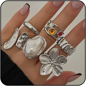 6PCS Chunky Gold Rings for Women Stackable Silver Rings Set Pearl Flower Rings for Women Knuckle Ring Chunky Jewelry