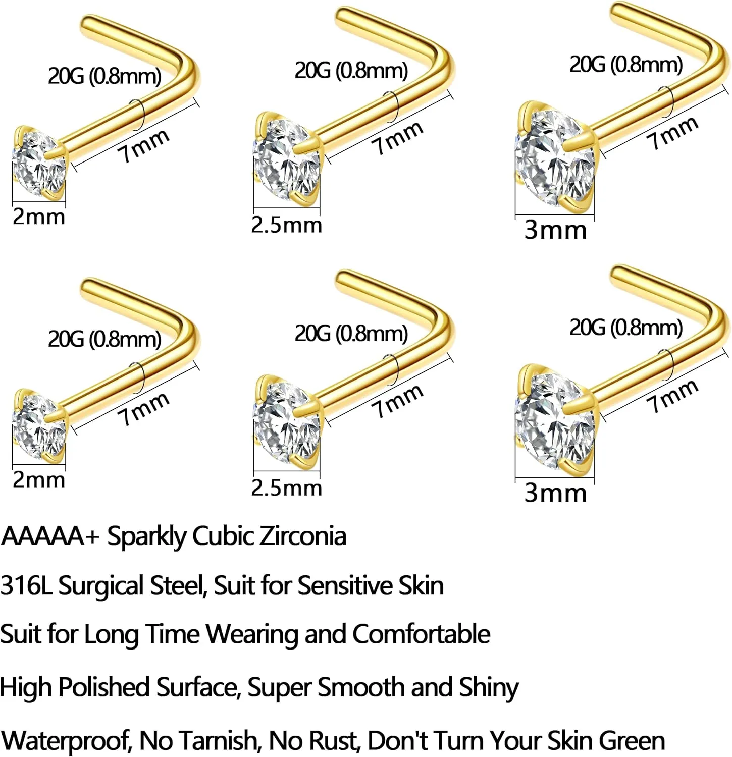 6Pcs Nose Rings Studs Corkscrew L Shape 20 Gauge Nose Piercing Jewelry Real Nose Piercings Nose Stud Surgical Steel 20G Nose Rings Jewelry for Women Men 2mm 2.5mm 3mm CZ Gold Silver Black