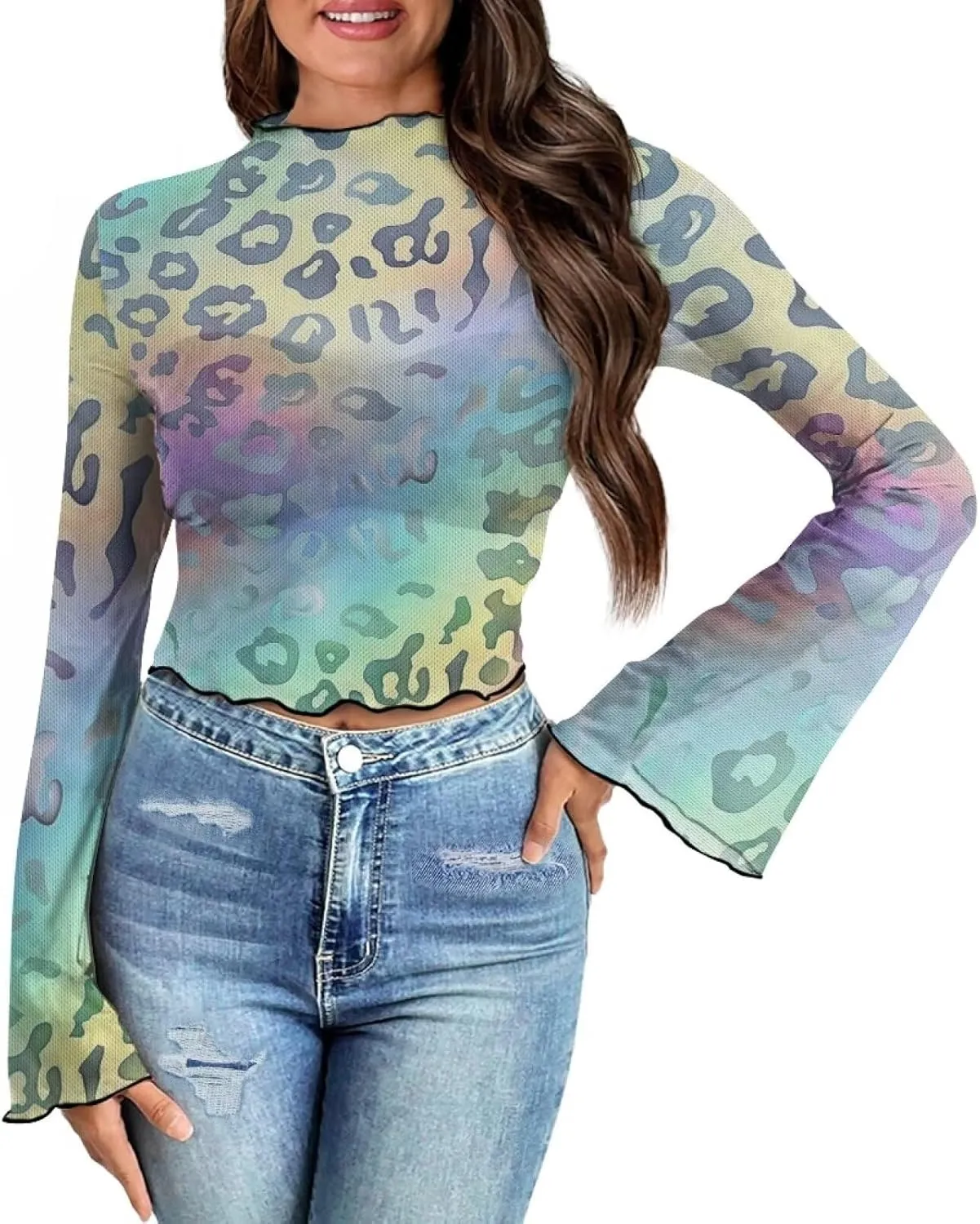 70S Tops for Women Disco Top Plus Size Bell Sleeve Top Mesh Tops
